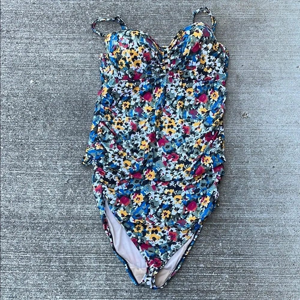 Cacique Swim High Rise‎ Bikini Tie Front Tropical Black Yellow Floral 2 piece